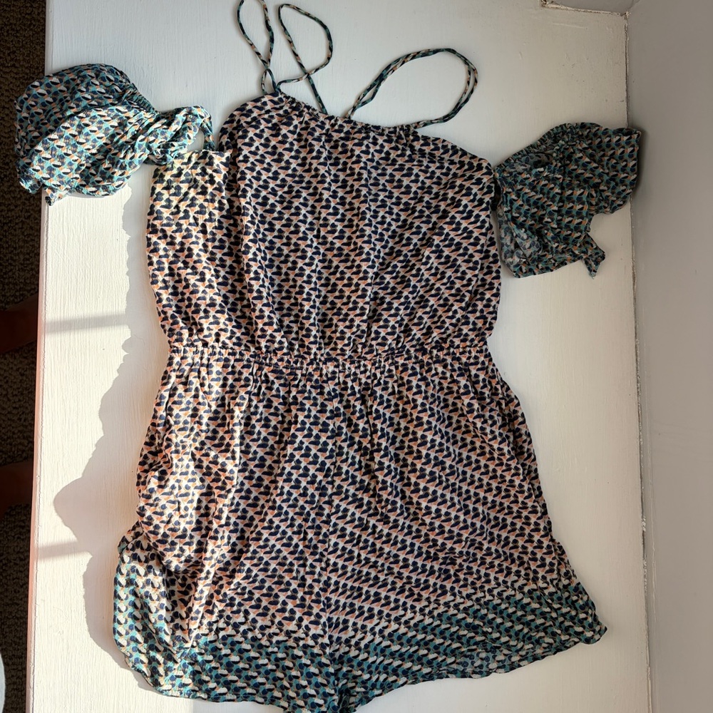 elevenses Navy and Cream Printed Girls Romper with Puff Sleeves